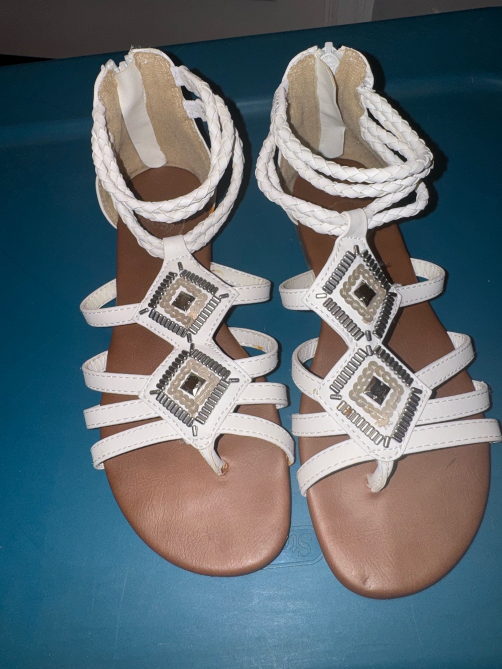 White Braided Strappy Sandals with Beaded Geometric Accent-6